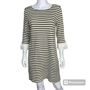 Talbots Cotton Olive Green & Cream Striped 3/4 Bell Sleeve Dress Women's Size LP
